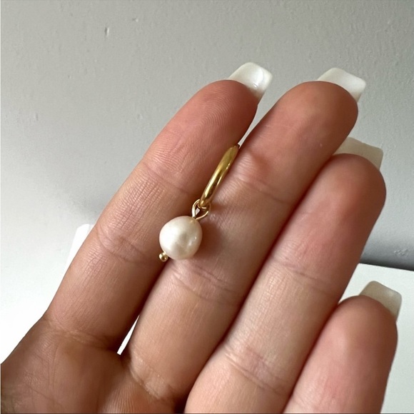 Mini Gold Huggie Hoop Pearl Earrings - Picture 2 of 3